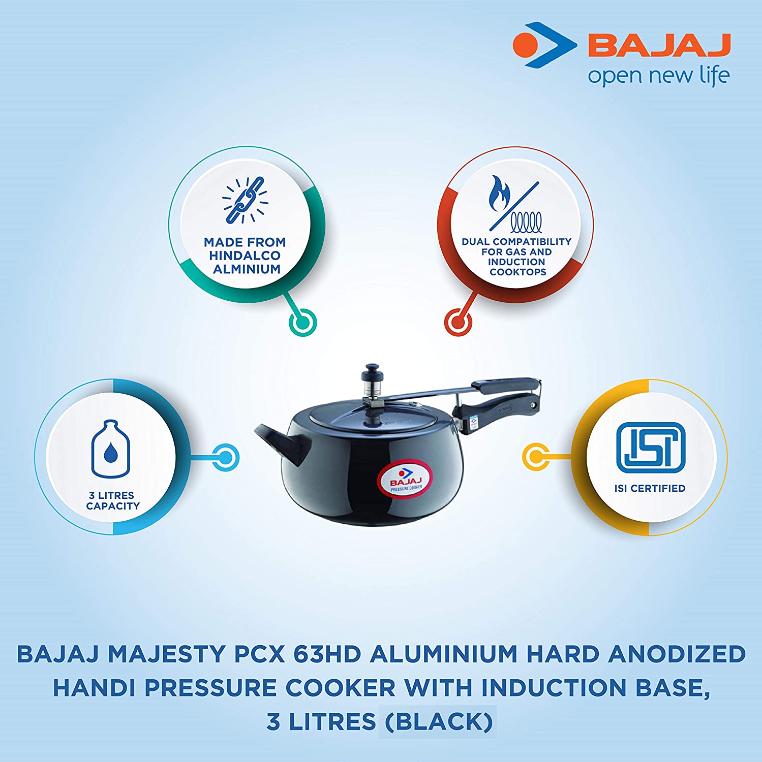 Bajaj PCX 63HD, 3 LTR, Aluminium Handi Pressure Cooker with Induction Base (Black, ISI Certified)