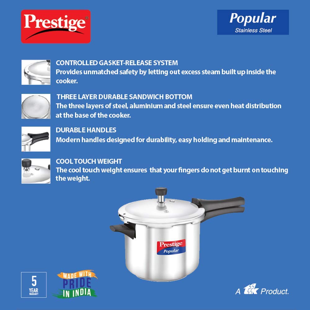 Prestige Popular Induction Base Stainless Steel Pressure Cooker, 5 Liters, Silver