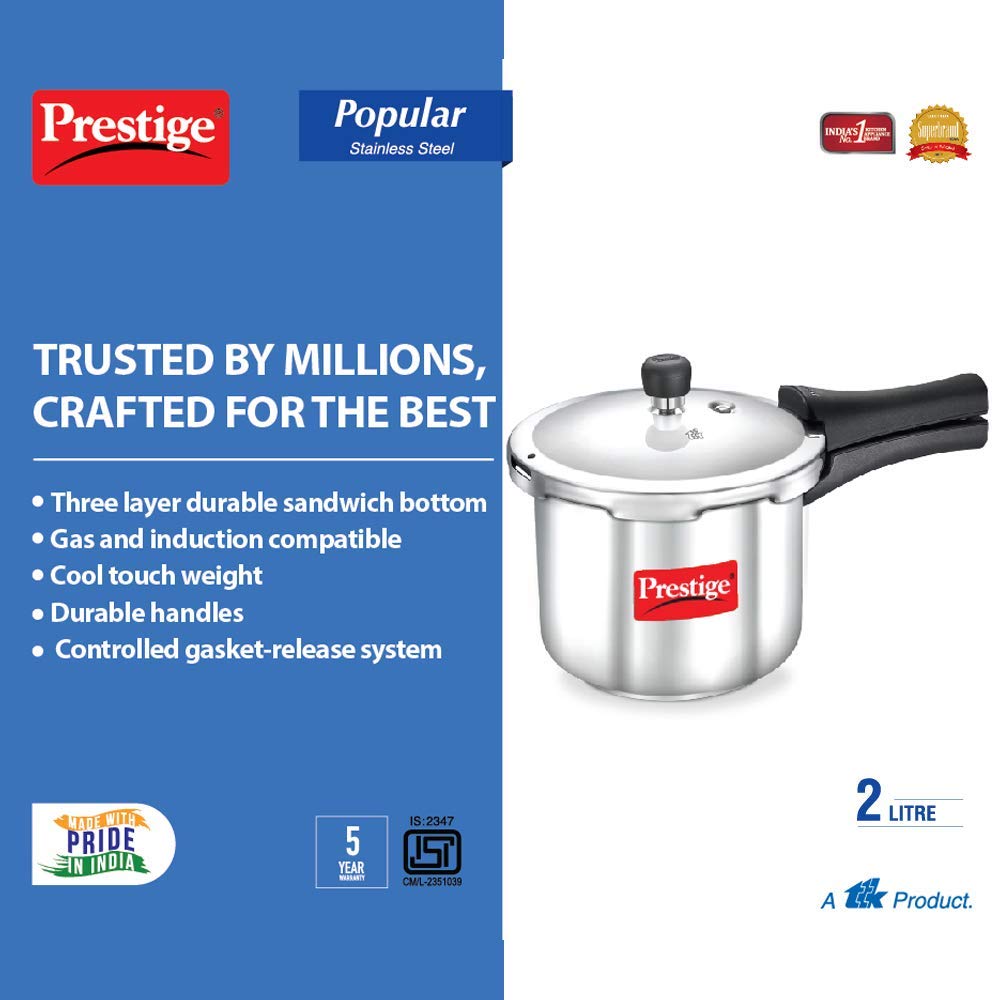 Prestige Popular Stainless Steel Pressure Cooker, 2 Litres, Silver