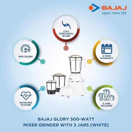 Bajaj Glory 500-Watt Mixer Grinder with 3 Jars (White)