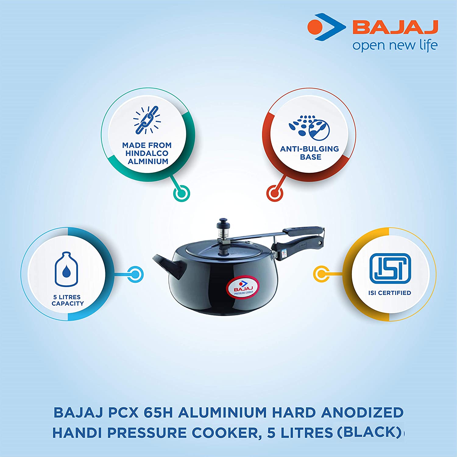 Bajaj PCX 65H, 5 LTR, Aluminium Handi Pressure Cooker (Black, ISI Certified)
