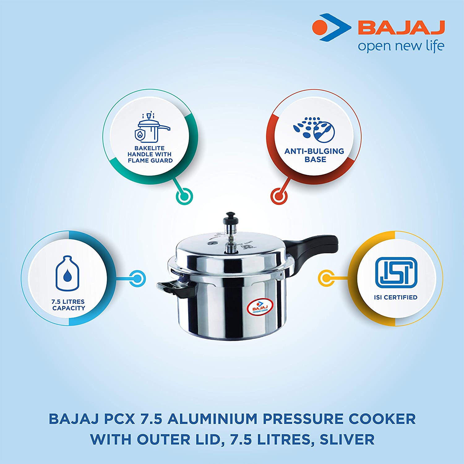 Bajaj PCX 7.5, 7.5 LTR, Aluminium Handi Pressure Cooker (Silver, ISI Certified)