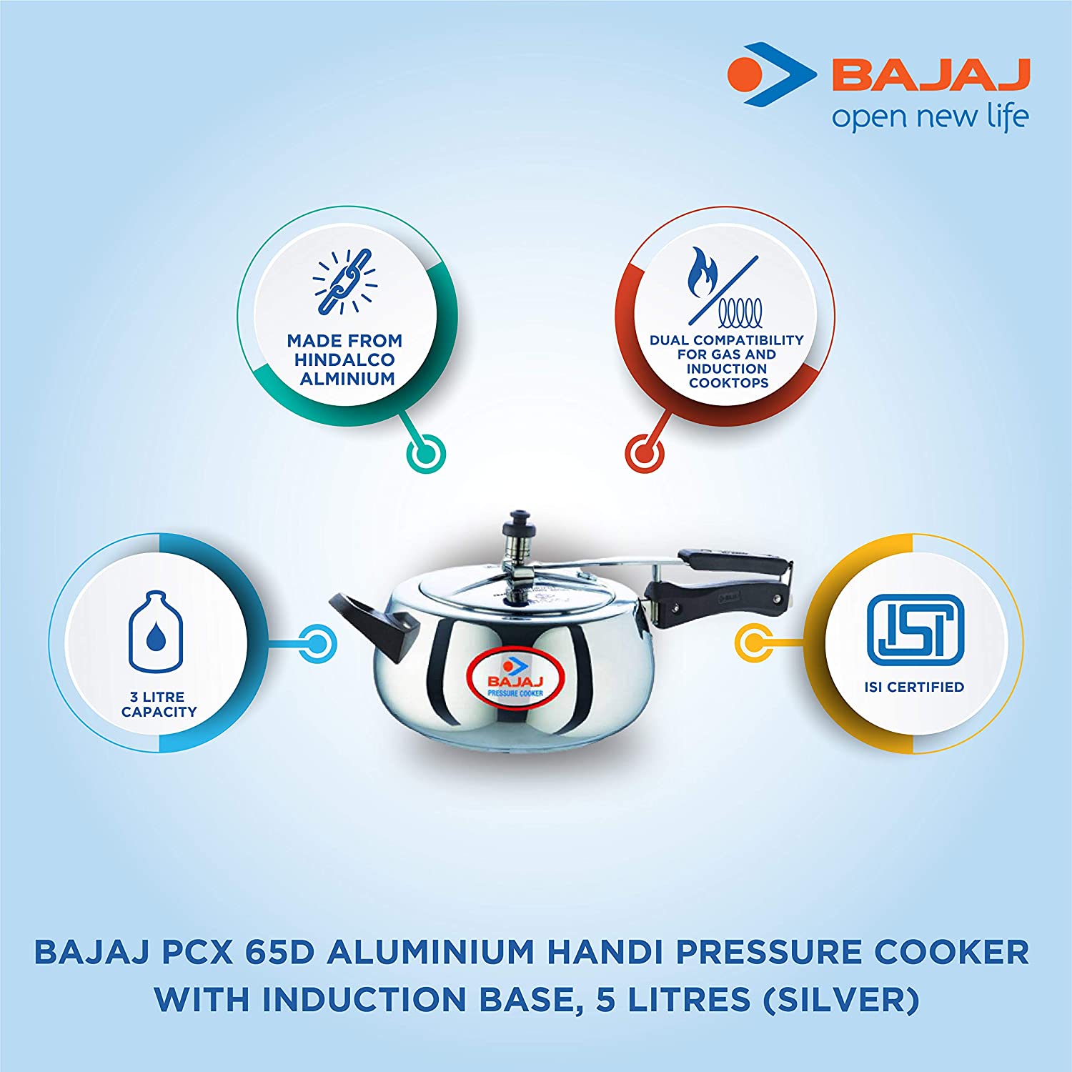 Bajaj PCX 65D Aluminium Handi Pressure Cooker with Induction Base, 5 litres (Silver)